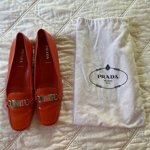 Prada Orange Leather Loafers with Silver Hardware